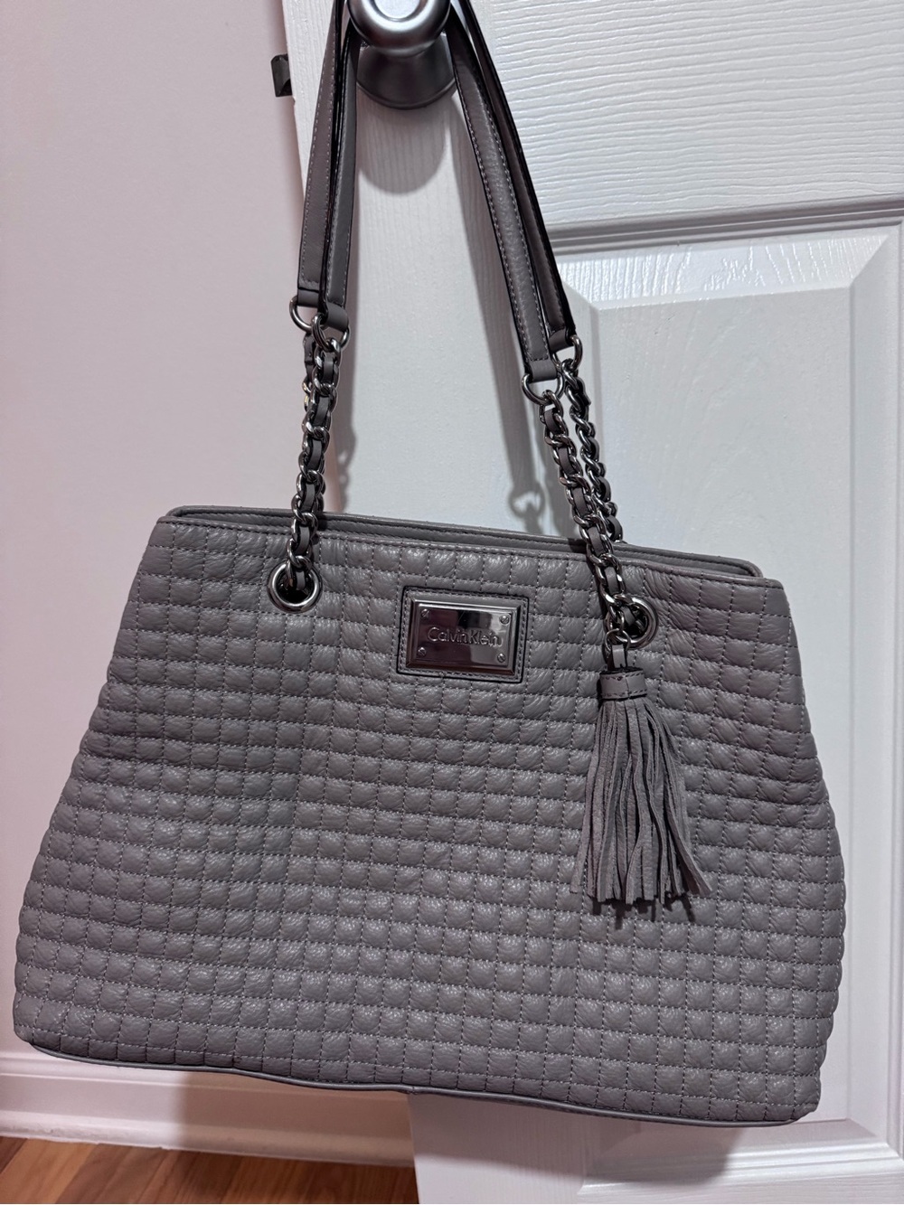 Calvin Klein Quilted Gray Shoulder Tote with Tassel